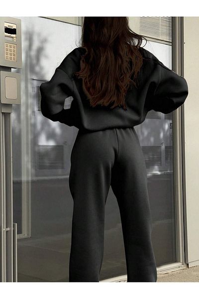 DUBU BUTİK Μαύρο Oversize Φούτερ και Σετ Φούτερ Jogger - Μασίφ φερμουάρ, Ζυγισμένος γιακάς