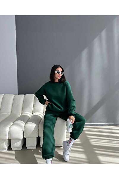 CLAYES Unprinted Sweatpants Set Sweatshirt Jogger - Green Oversize Raised Crew Neck