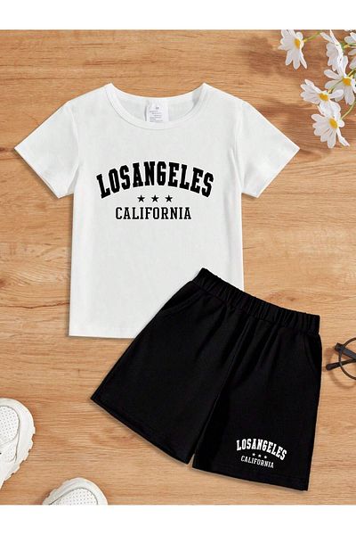 DUBU BUTİK Losangeles Cotton Kids Set - Black Shorts and White T-shirt Printed, Summer Crew Neck for Boys and Girls