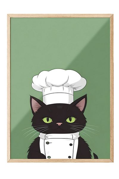 Postifull Ζωγραφική με ξύλινο πλαίσιο, Chef Cat, Ξύλινη ζωγραφική κουζίνας σειράς Comfort, NO:109147