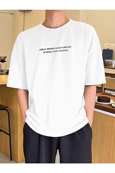 VBSVİBES Унисекс бяла овъргабаритна плетена тениска с принт Great Minds