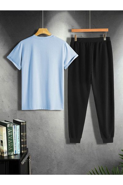 CLAYES Baby Blue T-Shirt Μαύρο Sweatpants Jogger - Σετ με στάμπα κάτω μέρος Oversize Crew Neck