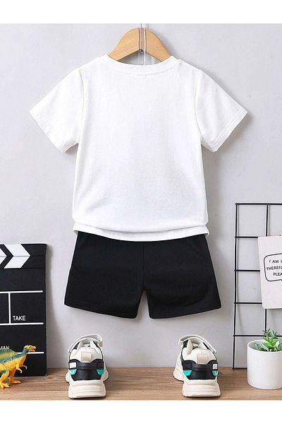 DUBU BUTİK Paris Cotton Kids Set - White T-shirt and Black Shorts, Printed - Girls Boys Summer Crew Neck