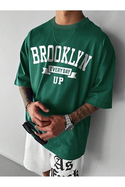 CLAYES Brooklyn Every Day Up Single Jersey T-Shirt - Nefti Green Printed Oversize Crew Neck Short Sleeve T-Shirt