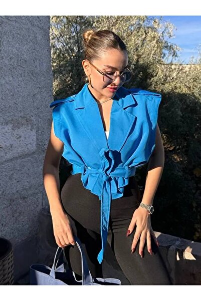 bymaestro woman Kadın Kolları Çıkarılabilir Kobe Keten Kısa Trençkot