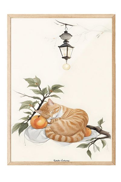 Postifull Πίνακας με ξύλινο πλαίσιο, Πορτοκαλί γάτα Sleeping With Orange, Ξύλινος πίνακας κουζίνας Comfort Series, NO:109166