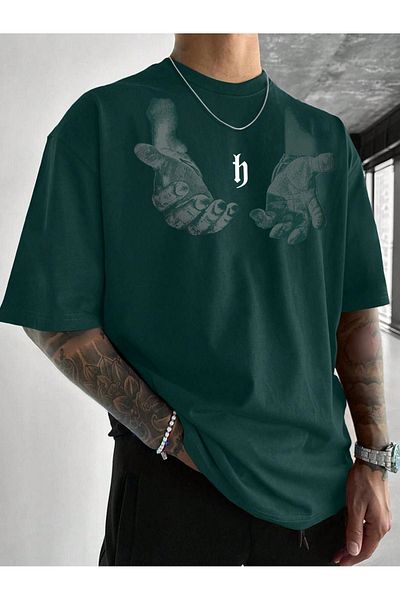 CLAYES Men's Hand Print Oversize Nefti Green Printed T-shirt - Crew Neck Short Sleeve Comfortable Fit T-Shirt