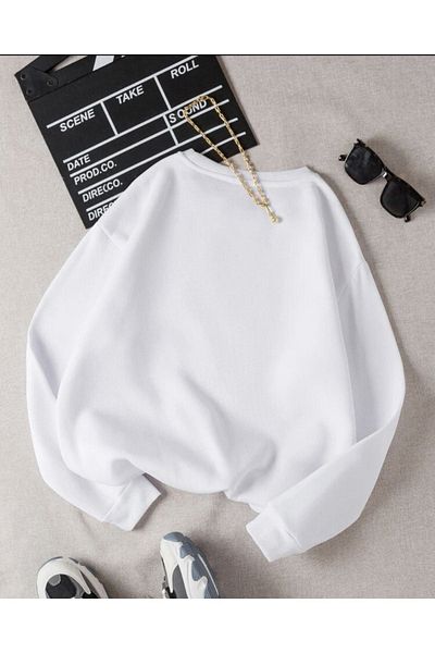 DUBU BUTİK Unprinted Plain Sweatshirt - White Thick Winter Raised Long Sleeve Oversize Crew Neck