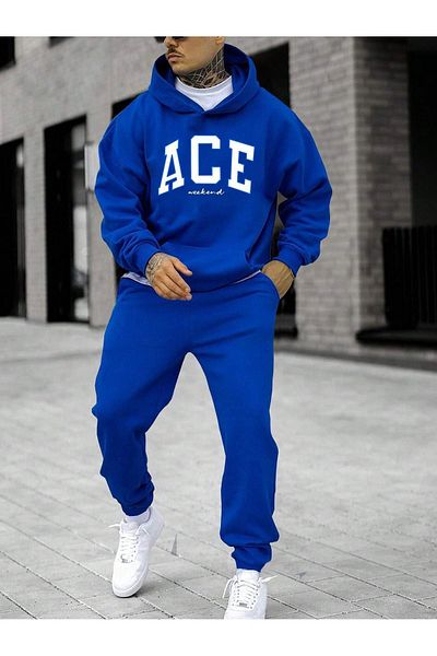 DUBU BUTİK Ace Weekend Σετ χειμερινής αθλητικής φόρμας - Sax Blue printed Oversize ροζ κουκούλα