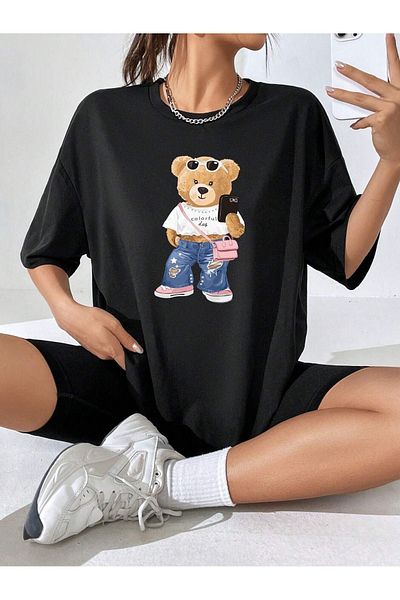 DUBU BUTİK Colorful Bear Single Jersey T-Shirt - Black Printed Oversize Crew Neck Short Sleeve T-Shirt