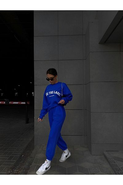 DUBU BUTİK Mood The Label Sport Collection tréningruha szett - Sax Blue Printed Oversize Crew Neck