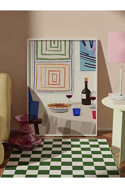 Postifull White Framed Painting, Pie with Wine, Comfort Series Kitchen Wall Painting, No: 109138