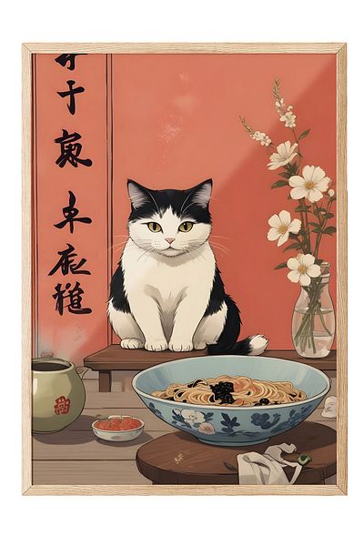 Postifull Ζωγραφική με ξύλινο πλαίσιο, A Cat For A Ramen, Ξύλινη ζωγραφική κουζίνας Comfort Series, NO:109161