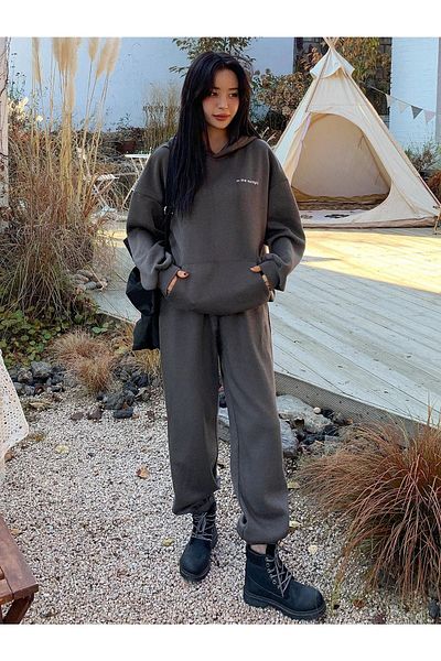 CLAYES Sunlight Written 2-Piece Sweatshirt Sweatpants Jogger- Smoked Bottom Top Tracksuit Set Oversize Hooded