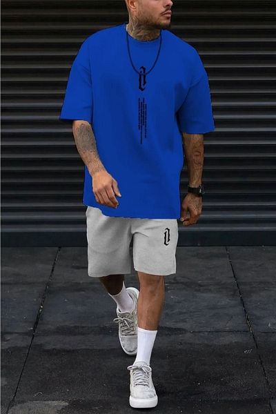 CLAYES Vertical T-Shirt Shorts - Saks Blue Gray Bottom Top Combination Shorts T-Shirt Set Printed Oversize Crew Neck