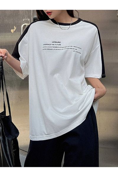 CLAYES Tricou cu mânecă scurtă, cu gât supradimensionat, alb, negru