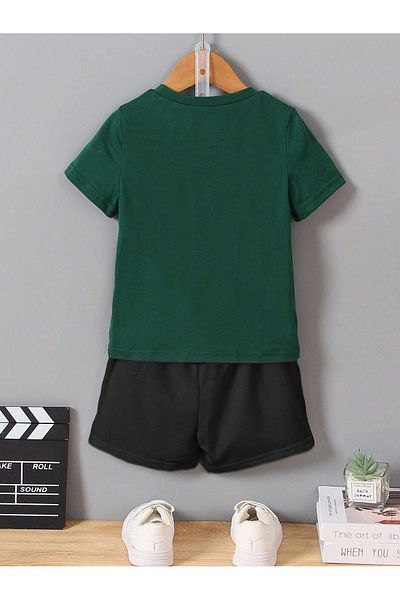 DUBU BUTİK Cotton Ideal Kids Set - Nefti Printed T-shirt and Black Shorts, Crew Neck