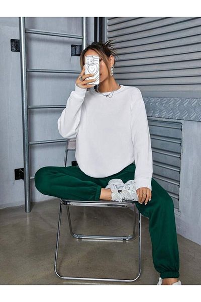 CLAYES Basic απλό σετ αθλητικής φόρμας Λευκό φούτερ Green Jogger - Oversize Raster Crew Neck
