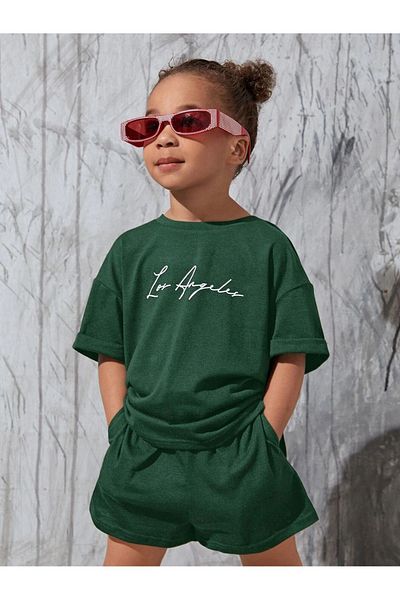 DUBU BUTİK Los Angeles Printed - Nefti Green Children's Summer Set: Shorts and T-shirt Set, for Boys and Girls