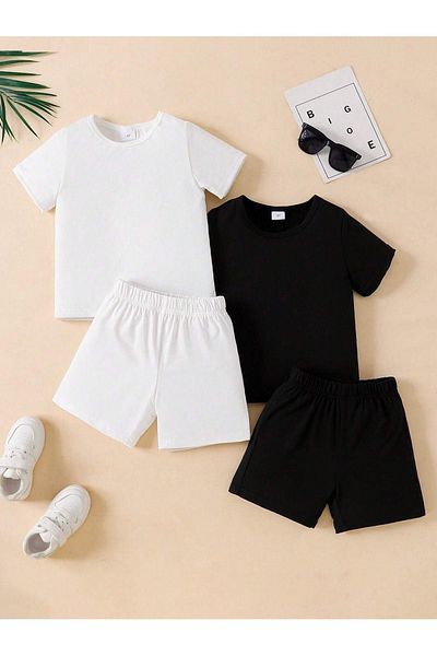 DUBU BUTİK Black and White 2-Piece Kids Set - T-shirt and Shorts, Unprinted, Crew Neck
