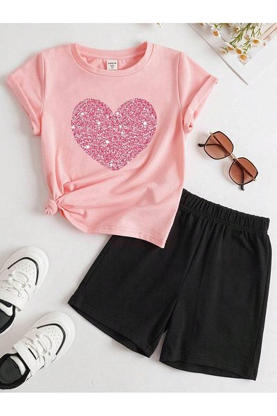DUBU BUTİK Heart Printed Cotton Kids Black Shorts Pink T-Shirt Set - Girls Boys Summer Crew Neck