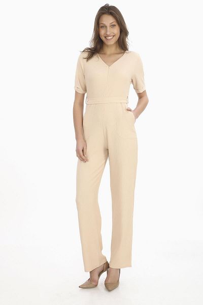 penyebizden Women's Crepe Waist Belted and Zippered Jumpsuit-Beige