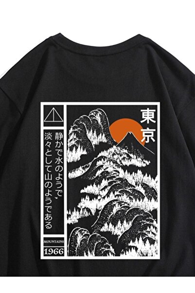 VBSVİBES تي شيرت رجالي أسود اللون مطبوع عليه Mountain Japan مقاس كبير