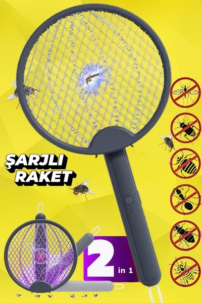 Uniquem Raketli Sineklik Şarjlı Sinek Yakalayıcı Katlanabilir Sivrisineklik L...