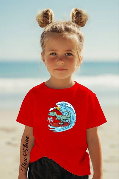 New Shine In Cart 6 and Above Purchases Get 1 T-Shirt as a Gift - Surfer Dinosaur Printed Oversize Children's T-Shirt