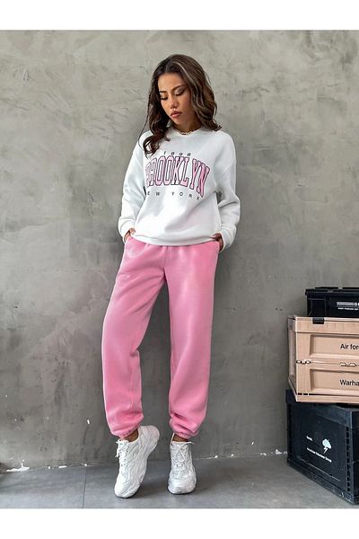 CLAYES Σετ φόρμας Brooklyn Λευκό φούτερ Pink Jogger - Εκτύπωση Oversize Hooded Crew Neck