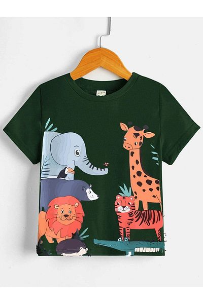 CLAYES Animals Cotton Kids T-Shirt- Nefti Green Printed Girls Boys' Summer Crew Neck T-Shirt