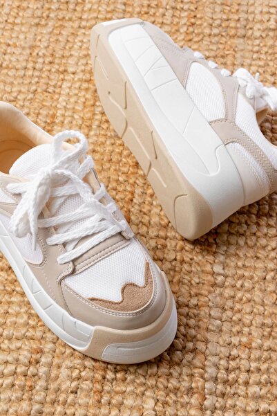 İnfon Ayakkabı Marketi Sp-190 Beige Garni Lace-Up Mesh High Sole Casual Sports Shoes