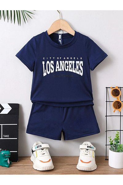 DUBU BUTİK Losangeles Cityofangels Printed Children's Summer Set - Navy Blue Shorts and T-shirt, Crew Neck