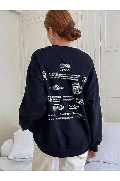 DUBU BUTİK Direction Try Sweatshirt - Navy Blue Printed Oversize Thick Winter Crew Neck
