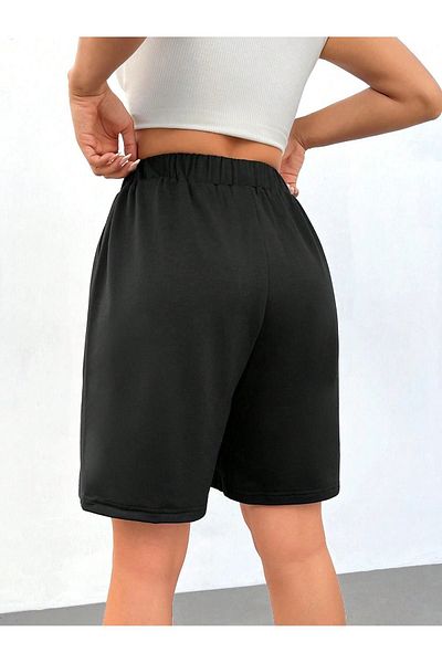 DUBU BUTİK Angel Design Combed Cotton Shorts - Black Printed Short Without Cord