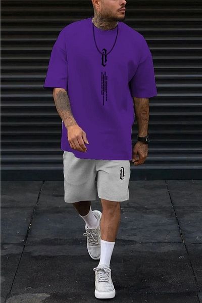 CLAYES Purple Gray Vertical T-Shirt and Shorts Set - Oversize Crew Neck Printed T-Shirt and Shorts Set