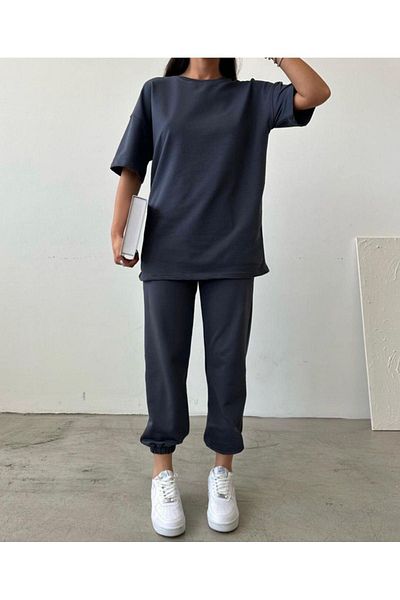 CLAYES Movement T-shirt Sweatpants Jogger- Blue Printed Bottom Top Sweat Suit Oversize Crew Neck