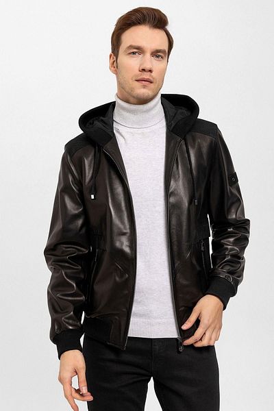 Deriderim Black Dexter Hooded Zippered Lined Men's Genuine Leather Coat