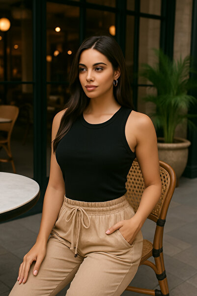 modavingo بدلة نسائية سوداء بياقة هالتر حياكة مضلعة