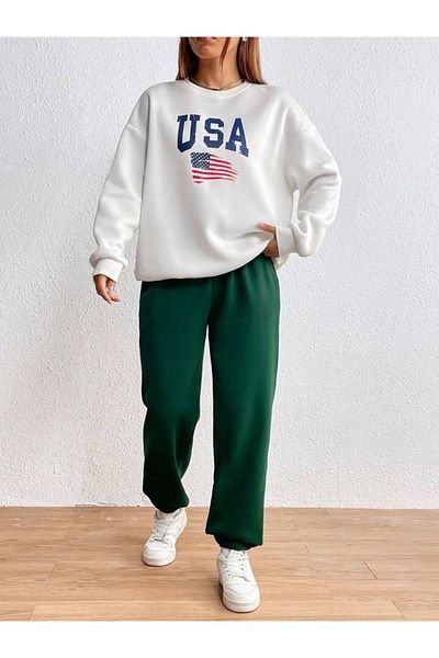 CLAYES USA Flag Tracksuit Set White Sweatshirt GreenJogger - Printed Oversize Ribbed Crew Neck