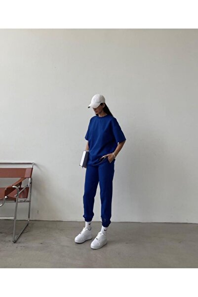 CLAYES Tricou Mișcare Pantaloni de sport Jogger- Partea de jos Imprimată albastru Costum de trening Oversize Decolteu