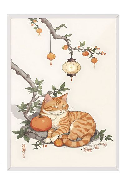 Postifull White Framed Painting, Orange Tabby, Comfort Series Kitchen Wall Painting, No: 109137