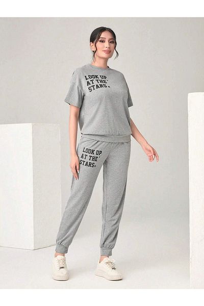 CLAYES The Stars Ribana 2-Piece T-shirt Sweatpants Jogger Gray Bottom Top Tracksuit Set Oversize Crew Neck
