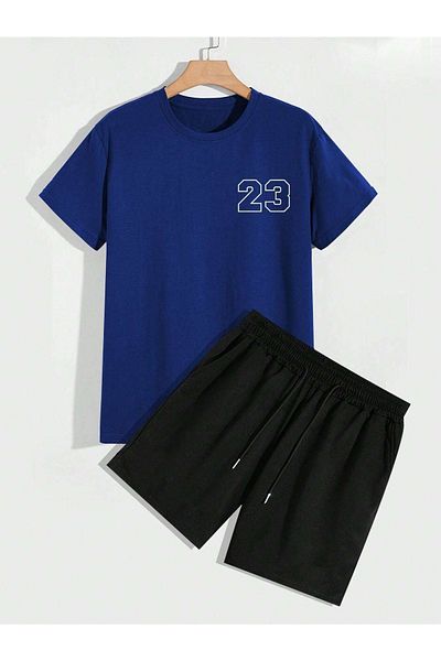 CLAYES 23 Number T-Shirt Shorts - Saks Blue Black Bottom Top Team Shorts T-Shirt Combination Printed Crew Neck
