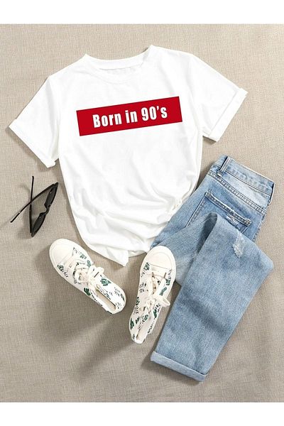VBSVİBES Γυναικείο λευκό μπλουζάκι Oversize 90's printed