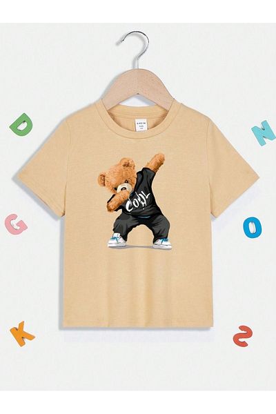DUBU BUTİK Cool Bear Cotton Παιδικό T-Shirt - Beige printed Girl's Boy's Summer Crew Neck T-Shirt