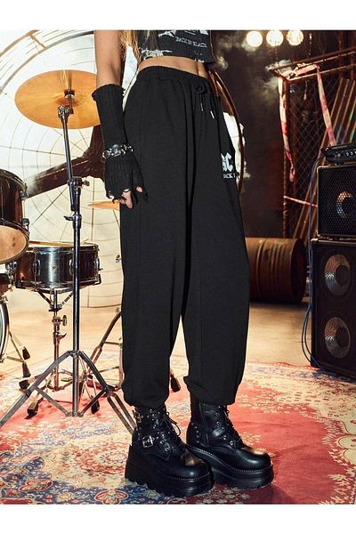 VBSVİBES Pantaloni de sport pentru femei, negri, cu imprimeu Acdc, cu picioare de cauciuc, Jogger, cu 2 fire, fără ridicare