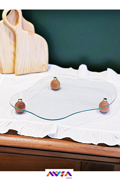 AVŞA Global حامل عرض زجاجي منحني ذو قاعدة خشبية دائرية الشكل (32 سم / 22 سم)