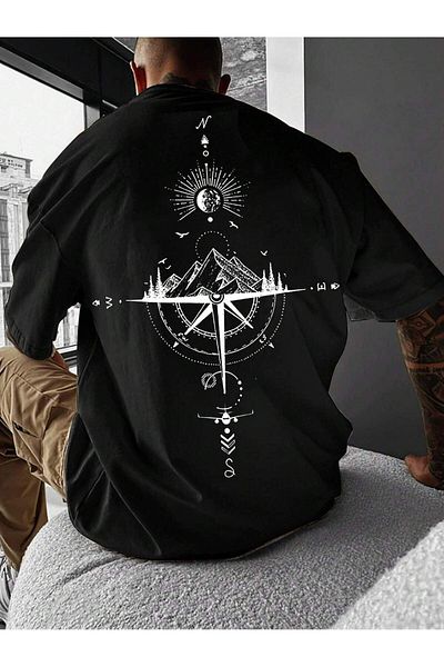 VBSVİBES Black Oversized Compass Print Tshirt