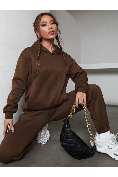 CLAYES Basic Plain Set Sweatshirt Jogger - Καφέ Oversize Raised Hooded